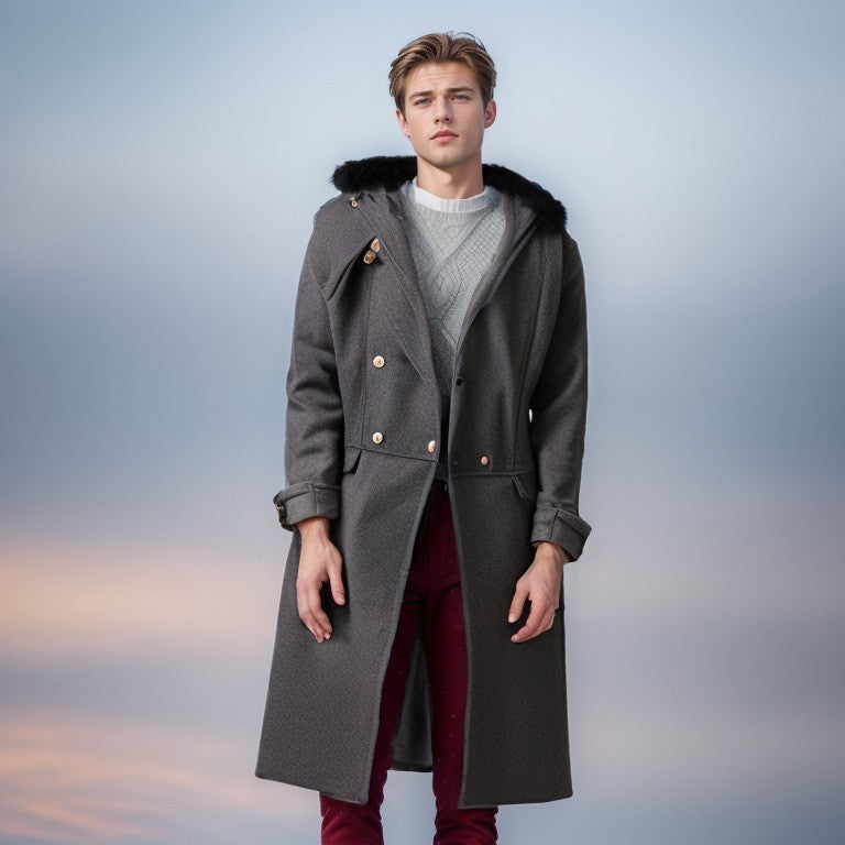 Men's Elegant Wool Jacket with Faux Fur Collar Mune