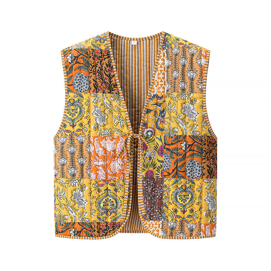 Women's Quilted Vest with Ties, diamond quilting and striped design Mune Fashion