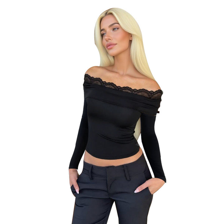 Women's Off-Shoulder Long Sleeve Top with Lace Trim and Fitted Silhouette Mune Fashion