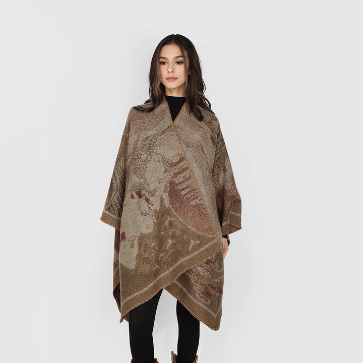 Women's jacquard cape with graphic floral motif and boxy oversized cut Mune Fashion