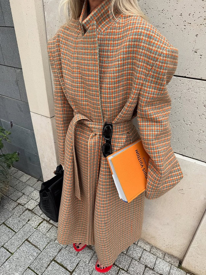 Women Oversized Wool Check Coat with Waist Belt and Emphasized Shoulder Area Mune Fashion