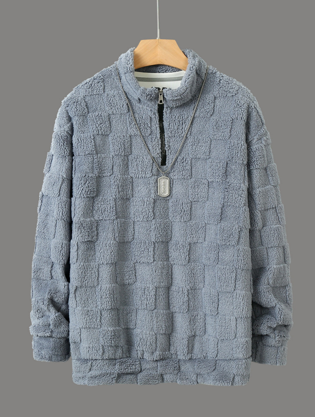 Men's Checked Sherpa Half-Zip Pullover with High Stand Collar and Soft Teddy Fleece Quality Mune Fashion