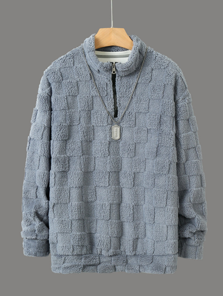 Men's Checked Sherpa Half-Zip Pullover with High Stand Collar and Soft Teddy Fleece Quality Mune Fashion