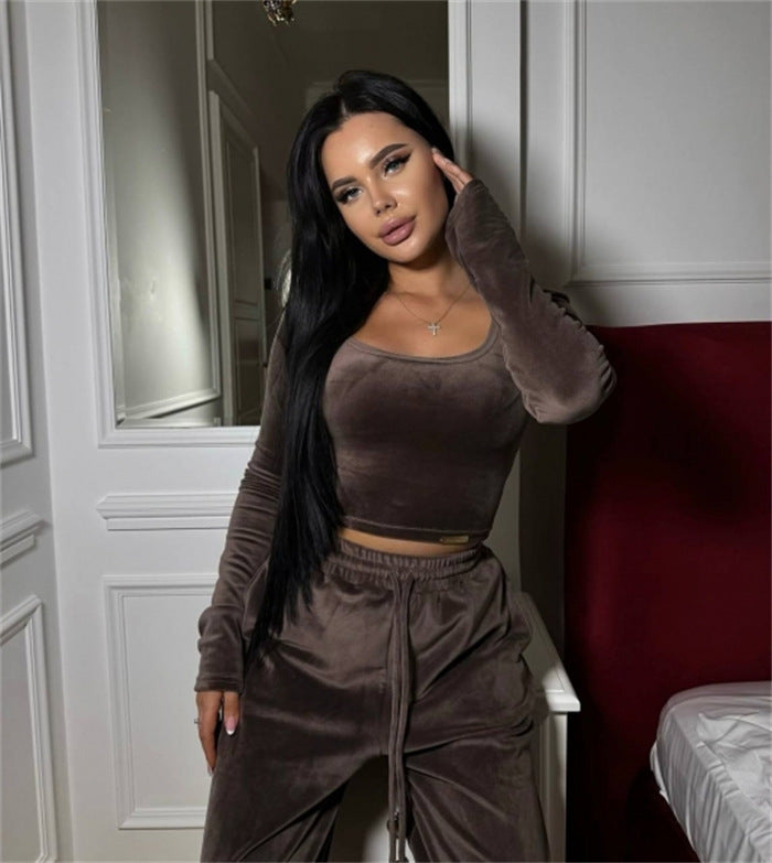 Women’s Modern Cropped Lounge Set with Long Sleeves and Elastic Waist Pants Mune Fashion