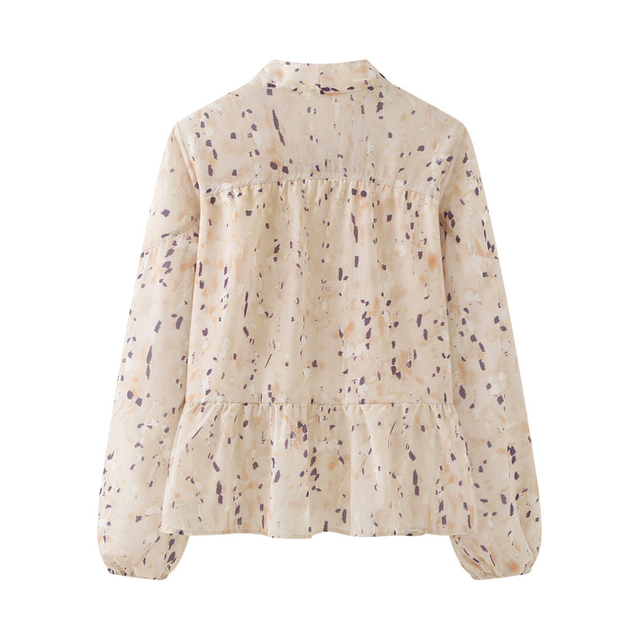 Ladies' bow blouse with ruffle trim, watercolor print and balloon sleeves Mune Fashion