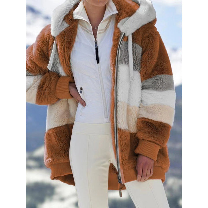 Women's Striped Oversized Teddy Jacket with Hood, Zipper and Ribbed Cuffs Mune Fashion