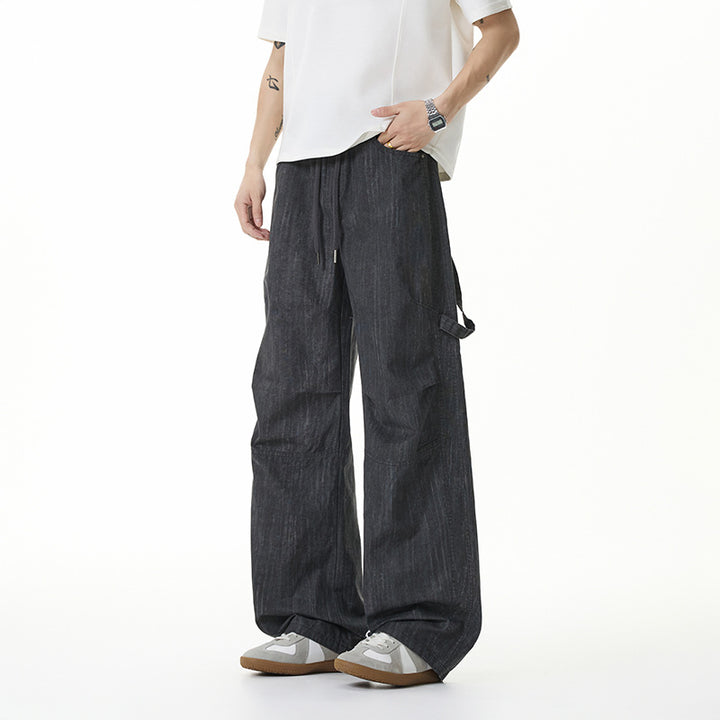 Damen Weite Leinenoptik Cargo-Bundhose mit Tunnelzug, Knieabnähern und asymmetrischer Seitentasche Mune Fashion