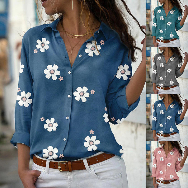 Women's loose shirt blouse with floral print and rolled sleeves Mune Fashion