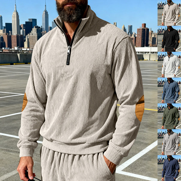 Men's cord structure half-zip pullover in relaxed fit with stand-up collar and elbow patch Mune Fashion