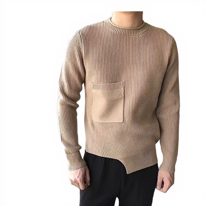 Men's coarse ribbed round neck pullover with patch chest pocket Mune Fashion