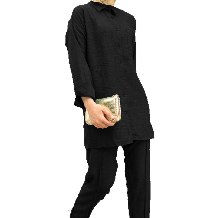 Women Long Tunic Shirt with Kent Collar and Continuous Button Placket Drune