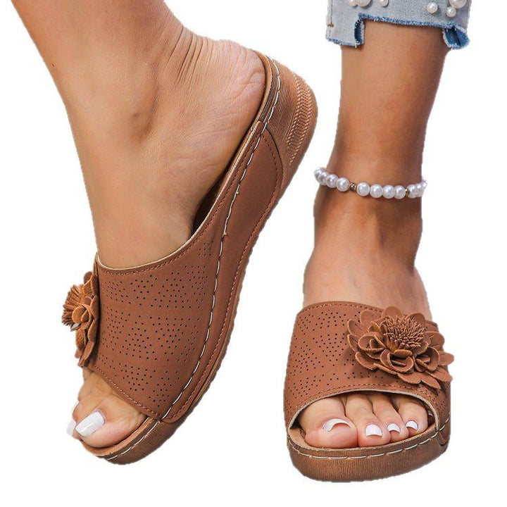 Ladies Padded Wedge Slip-Ons with 3D Flower Application and Ergonomic Comfort Footbed Mune Fashion