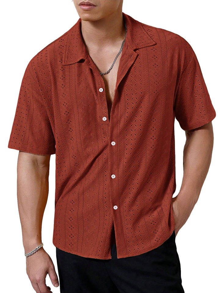 Men's short-sleeve casual shirt with openwork embroidery, lapel collar and relaxed fit Mune Fashion