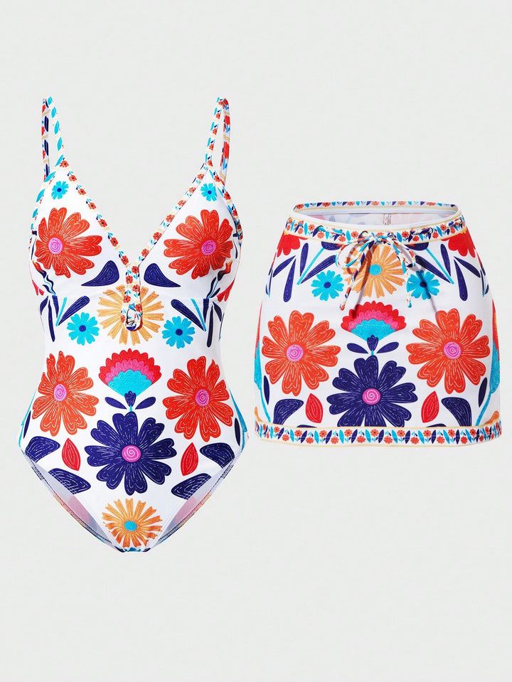 Ladies bikini set with floral design and matching skirt Mune Fashion