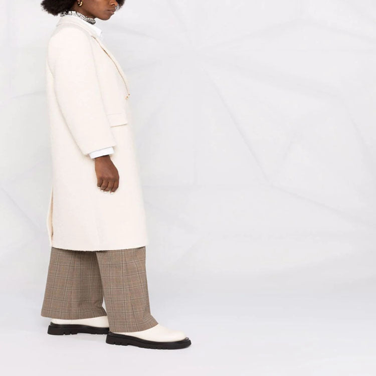 Women Mid-length Tailored Wool Blend Coat with Double Breasted, Patch Pockets and Subtle Decorative Buttons Mune Fashion