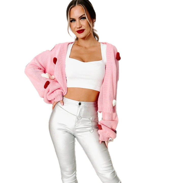 Ladies Short Oversized Cardigan with 3D Heart Appliqués and Wide Balloon Sleeves Mune Fashion