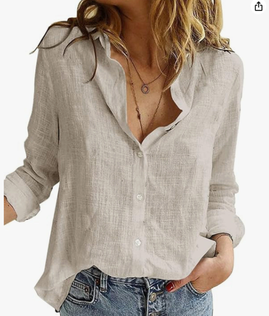 Women's loose linen blouse with star print V-neck buttoned front Mune Fashion