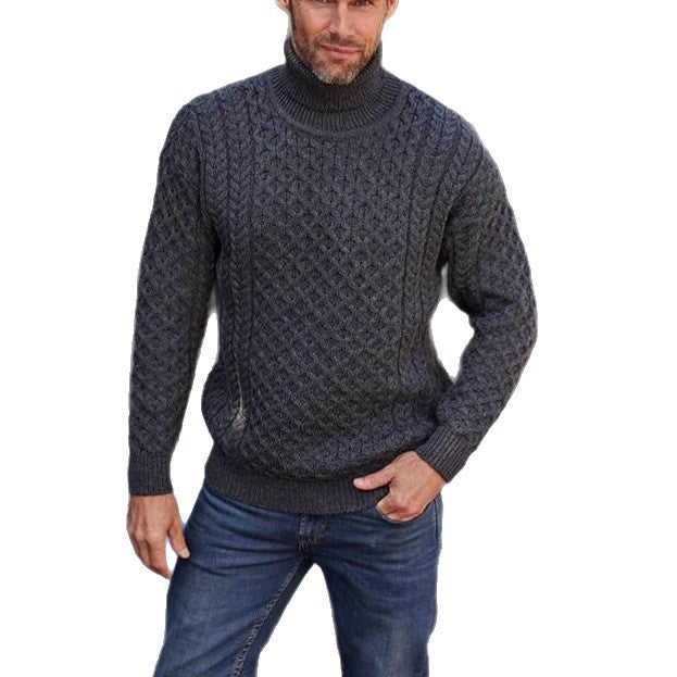 Men's knit pullover with stand-up collar and cable pattern