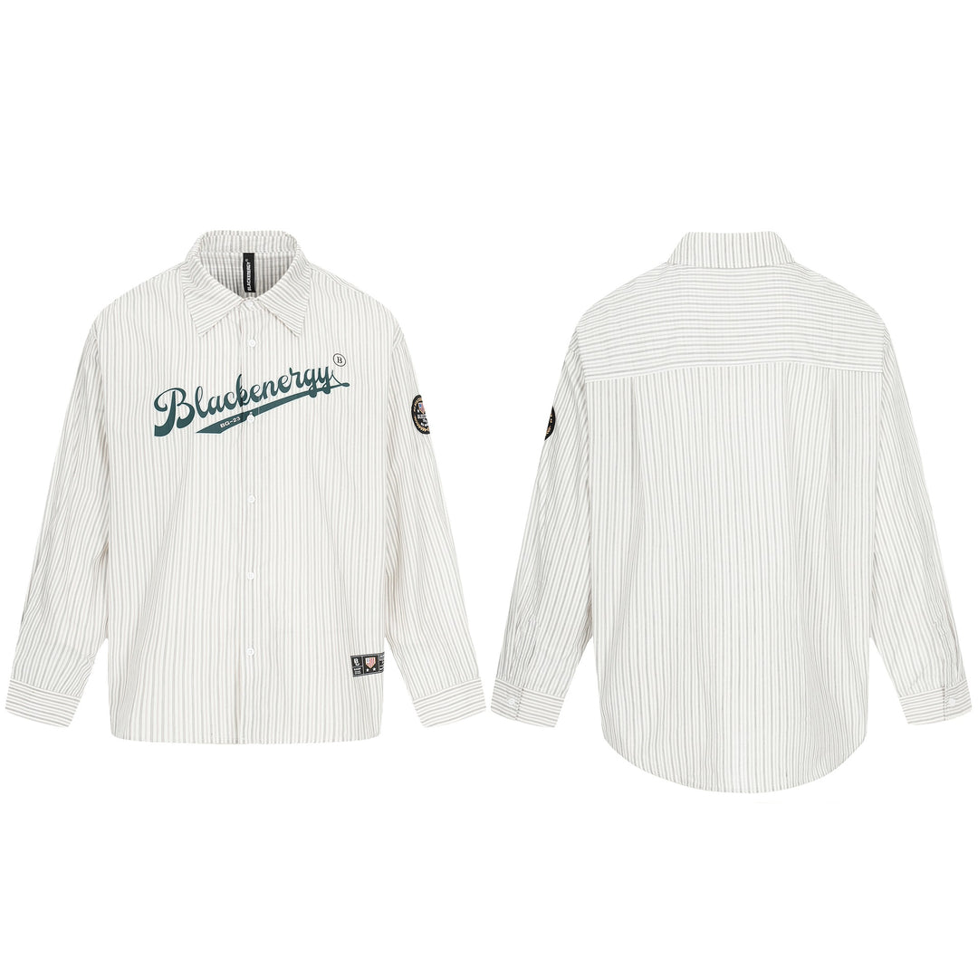 Men's Oversized Shirt Jacket in Baseball-Inspired Style with Stripes, Logo Print, and Patch Applications Mune Fashion