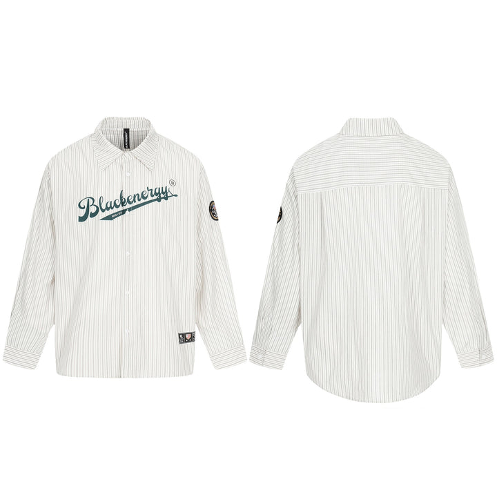Men's Oversized Shirt Jacket in Baseball-Inspired Style with Stripes, Logo Print, and Patch Applications Mune Fashion