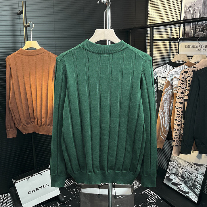 Men's fine knit pullover with vertical rib structure and short stand-up collar Mune Fashion