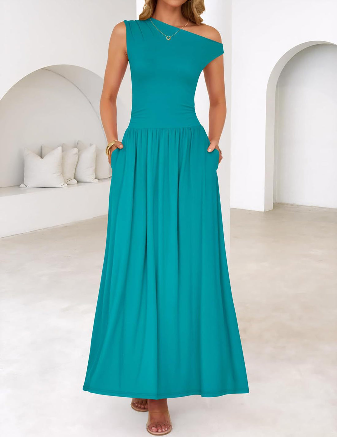 Women Asymmetrical Maxi Dress with One-Shoulder, Waist Emphasis and Side Pockets Mune Fashion