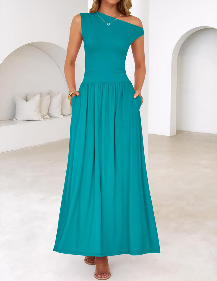 Women Asymmetrical Maxi Dress with One-Shoulder, Waist Emphasis and Side Pockets Mune Fashion