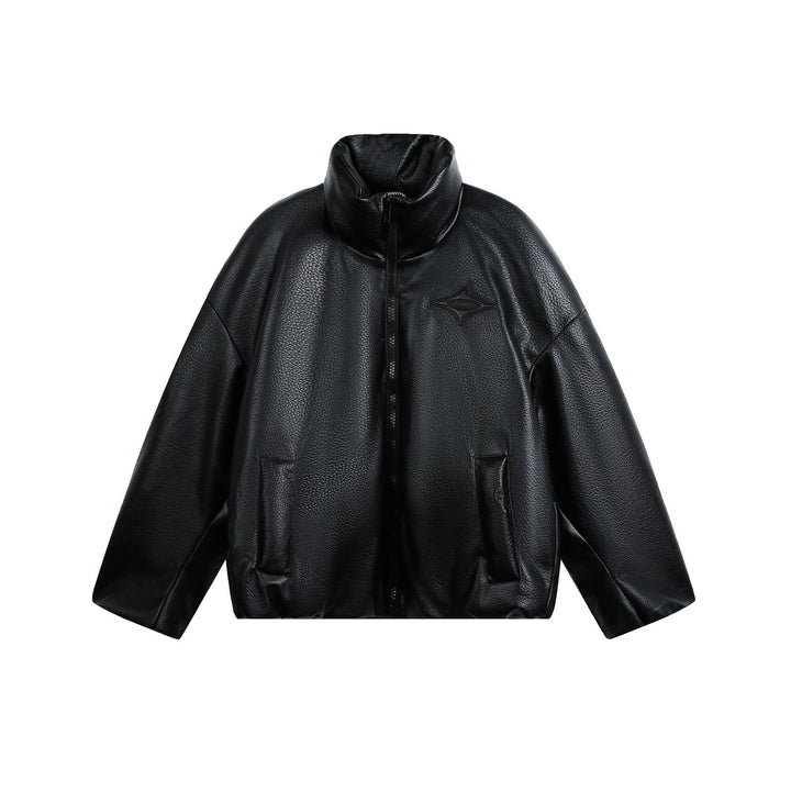 Women's Oversized Faux Leather Bomber Jacket with High Stand-Up Collar Mune Fashion