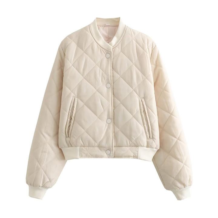 Women's quilted bomber jacket with diamond quilting, ribbed cuffs, and concealed snap button placket Mune Fashion