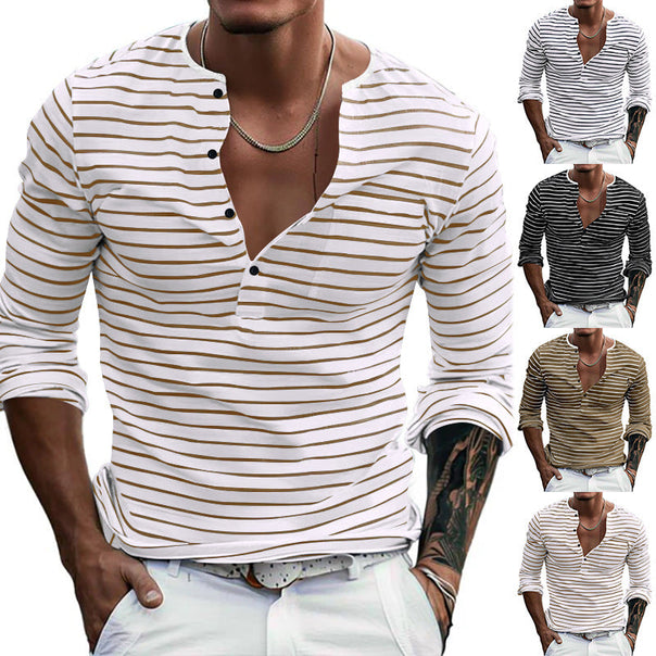 Men's Long Sleeve Henley Shirt with Fashionable Stripe Pattern Mune Fashion
