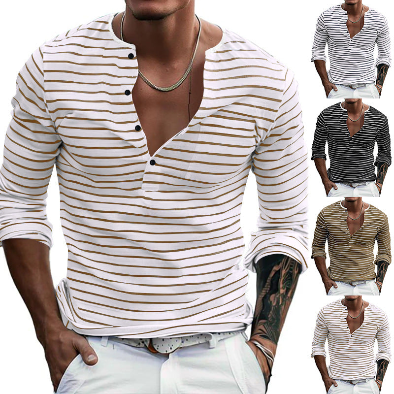 Men's striped long-sleeve shirt with short button placket, round neckline, and subtle chest pocket Mune Fashion