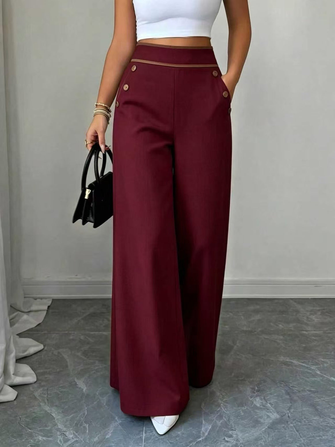Women's High-Waisted Palazzo Pants with Decorative Buttons and Wide Legs Mune Fashion