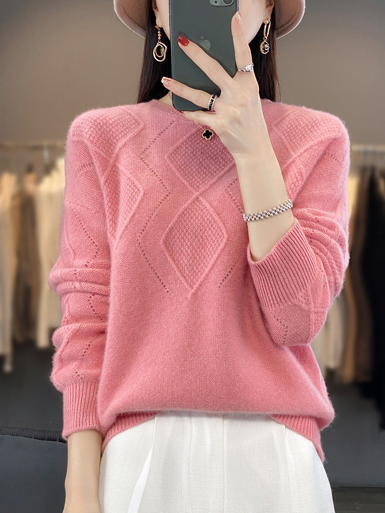 Women's Soft Diamond Pattern Sweater in Mohair Look with Fine Openwork Structure and Round Neckline Mune Fashion