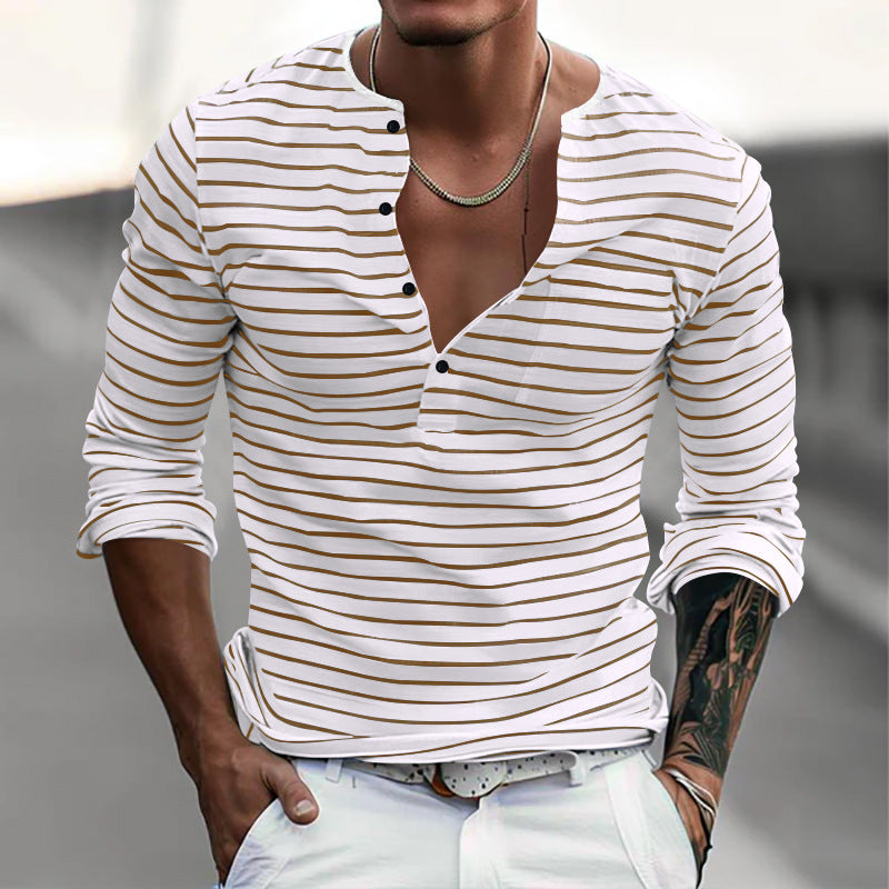 Men's striped long-sleeve shirt with short button placket, round neckline, and subtle chest pocket Mune Fashion