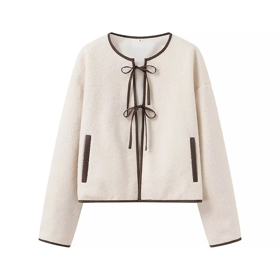 Women Short Cut Teddy Jacket with Band Closure and Contrast Piping Mune Fashion