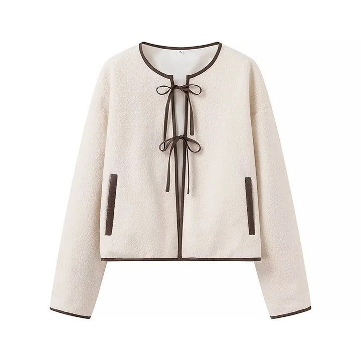 Women Short Cut Teddy Jacket with Band Closure and Contrast Piping Mune Fashion