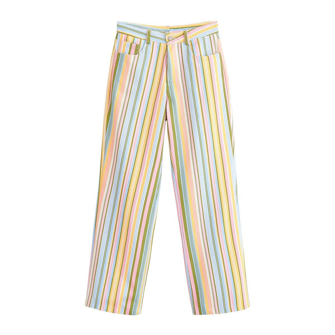 Women's Striped High Waist Pants with Wide Leg and Five Pocket Cut Mune Fashion