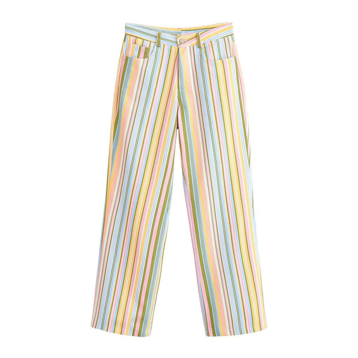 Women's Striped High Waist Pants with Wide Leg and Five Pocket Cut Mune Fashion