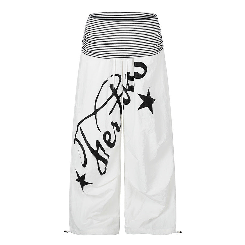 Women's Wide Palazzo Pants with High Striped Comfort Waistband and Statement Print Mune Fashion
