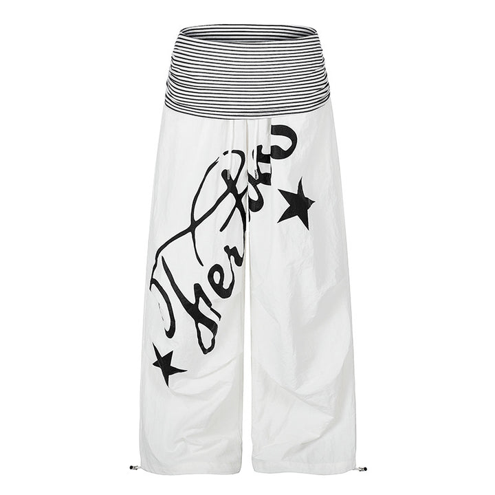 Women's Wide Palazzo Pants with High Striped Comfort Waistband and Statement Print Mune Fashion