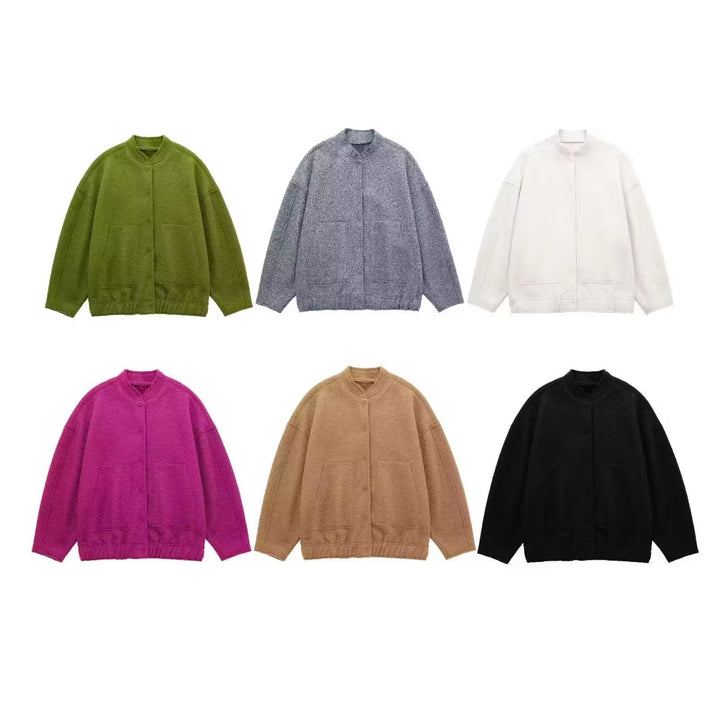 Women's short boxy wool blend jacket with short stand-up collar, concealed front placket and patch pockets Mune Fashion