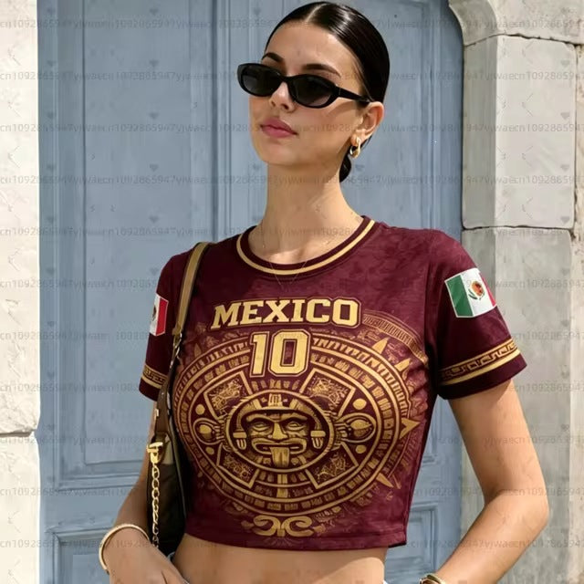 Women nan short Crop-T-Shirt with Aztec pattern and flag patches Mune Fashion