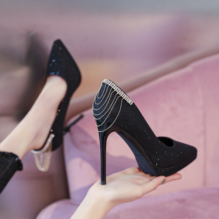 Women's elegant evening pumps with fine glitter mesh, pointed toe, delicate stiletto heel, and decorative heel application Mune Fashion