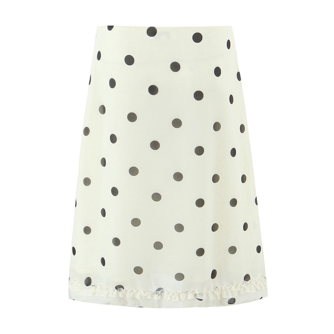 Women's midi skirt made of flowing chiffon with polka dots and ruffle trim Mune Fashion