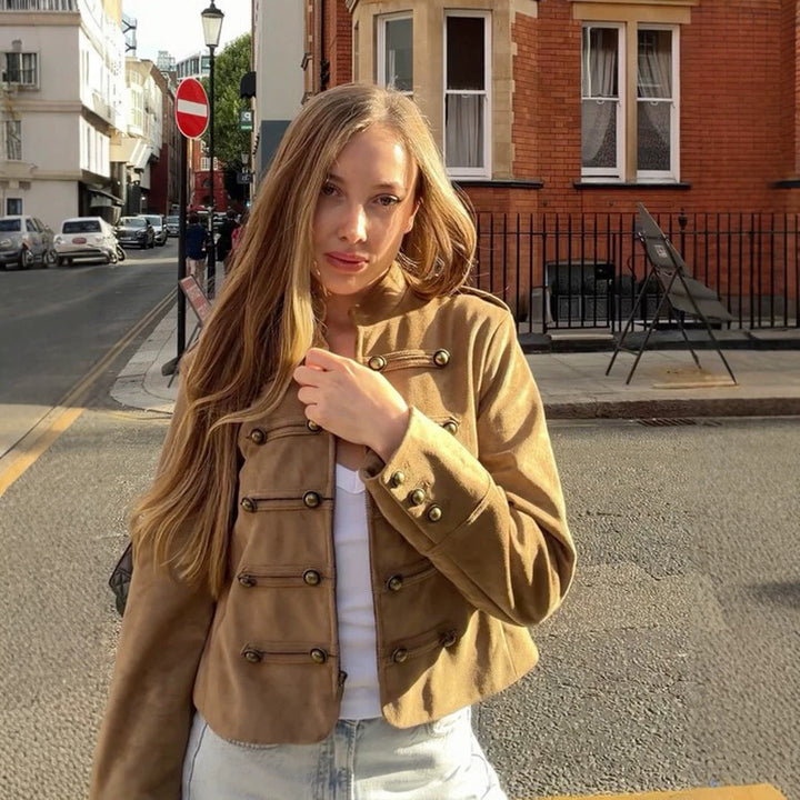 Women's tailored military jacket made of wool blend with stand-up collar and double button placket Mune Fashion