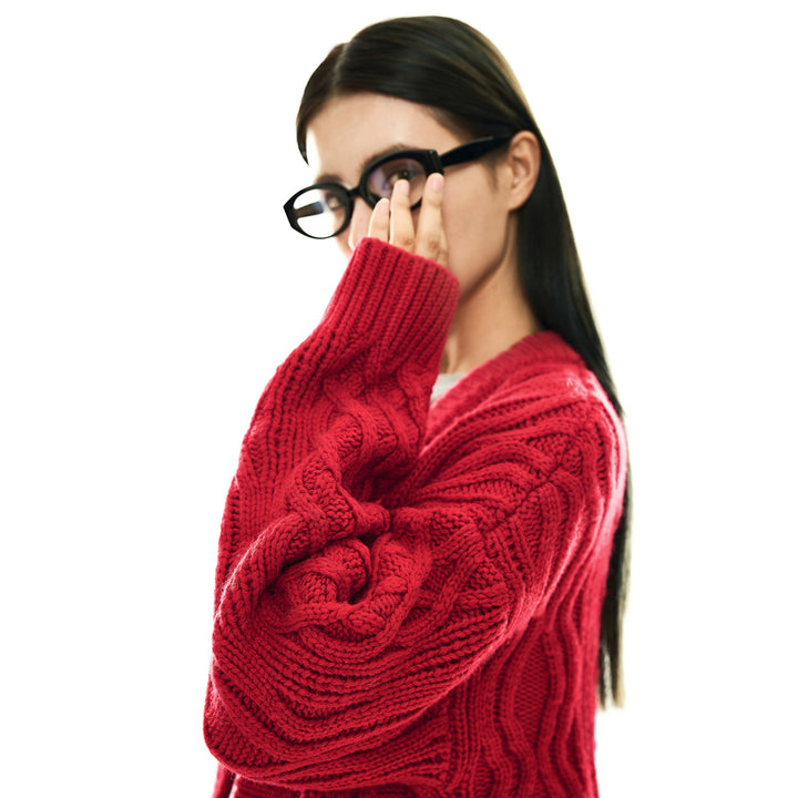 Ladies Oversize Knit Cardigan with Cable Pattern, Patch Pockets and Button Placket Mune Fashion