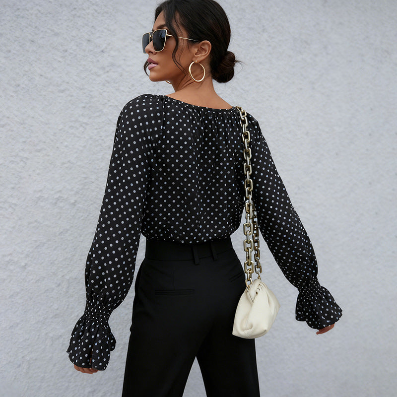 Ladies chiffon blouse with polka dots, BindMune fashion and neckline and smocked cuffs Mune Fashion