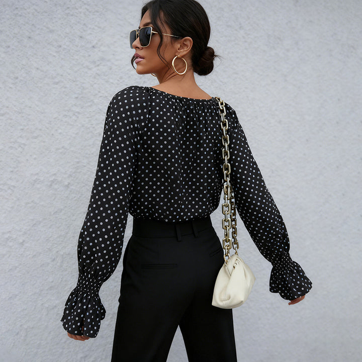 Ladies chiffon blouse with polka dots, BindMune fashion and neckline and smocked cuffs Mune Fashion