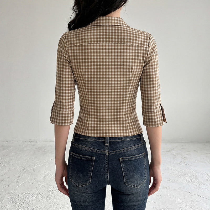 Women fitted three-quarter sleeve checked blouse with breast patch pockets and shirt collar Mune Fashion