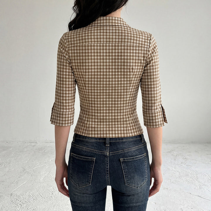 Women fitted three-quarter sleeve checked blouse with breast patch pockets and shirt collar Mune Fashion